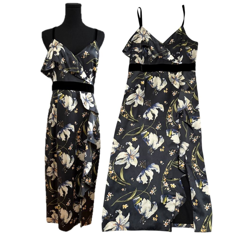 Cinq à Sept Leena Silk Floral Midi Dress Sleeveless Velvet Trim Slit Size 8